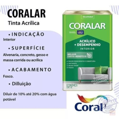 Tinta Acrílica Econômica Coralar Fosco Interno Branco 18L