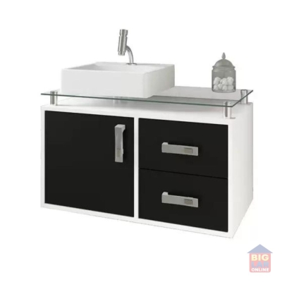 Banheiro Suspenso Com 2 Gavetas E Cuba Evora MGM Branco e Preto