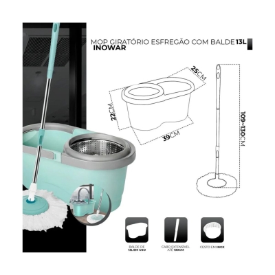 Mop Giratório 13l Rodinhas Esfregão 130cm Cesto Inox + Refil Extra