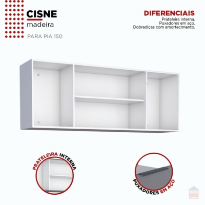 Armário Aéreo 4 Portas de Abrir 144 cm Cinza Cisne Cozimax