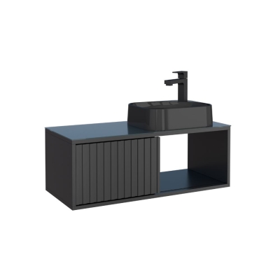 Gabinete Banheiro Madeira Tampo Vidro Lugo Preto Cozimax 80